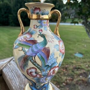 antique hand painted Nippon porcelain vase w/ peacocks, birds & flowers
